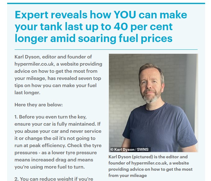 Hypermiler in the press again – The Mail Online covers Hypermiling with a little help from the “Experts”