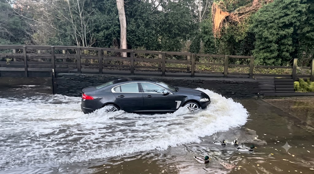 Car driving through UK flooded road ford car insurance